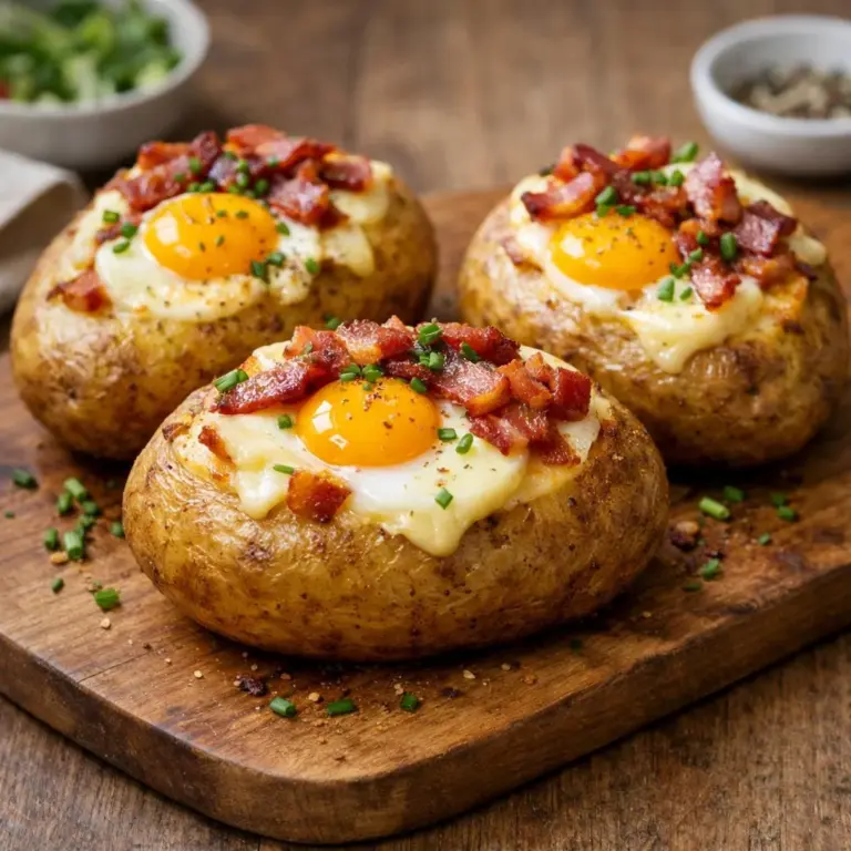 Pommes de terre au four garnies d&rsquo;œufs, brie et bacon : la recette savoureuse